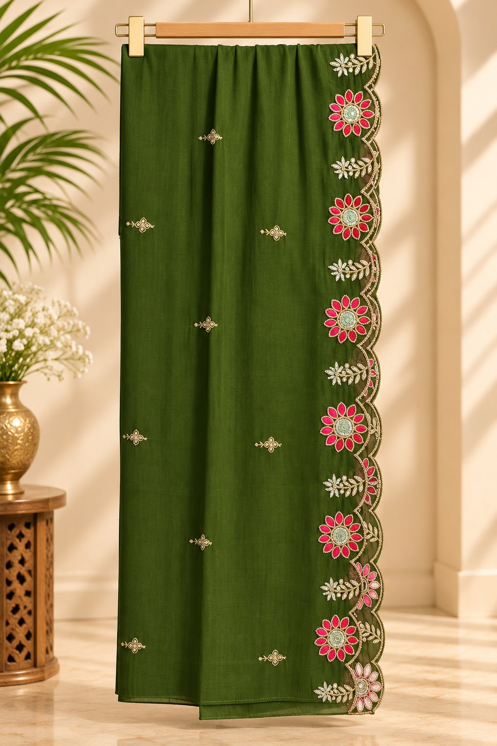 Heer Olive Green Mirror Work Suit Set by Theaoura