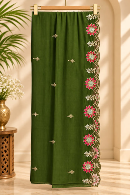Heer Olive Green Mirror Work Suit Set by Theaoura