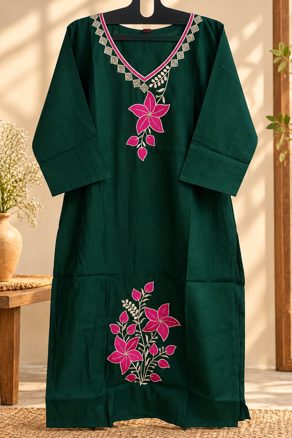 Panna Bottle Green Floral Embroidered Suit Set by Theaoura