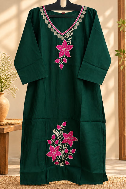 Panna Bottle Green Floral Embroidered Suit Set by Theaoura