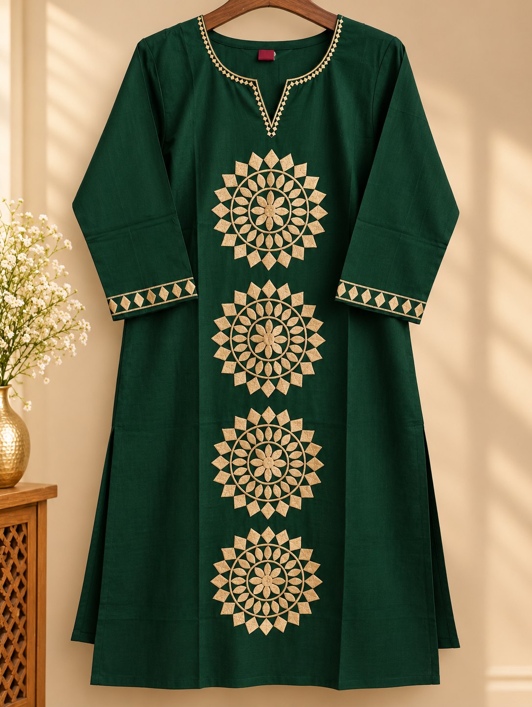 Mandala Bottle Green Embroidered Suit Set by Theaoura