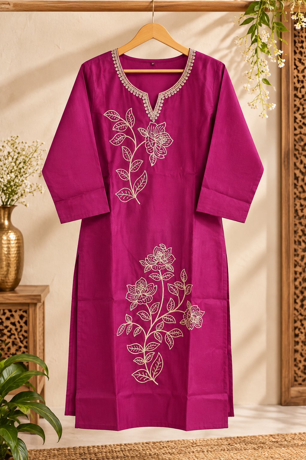 Gulnaz Magenta Floral Embroidered Suit Set by Theaoura