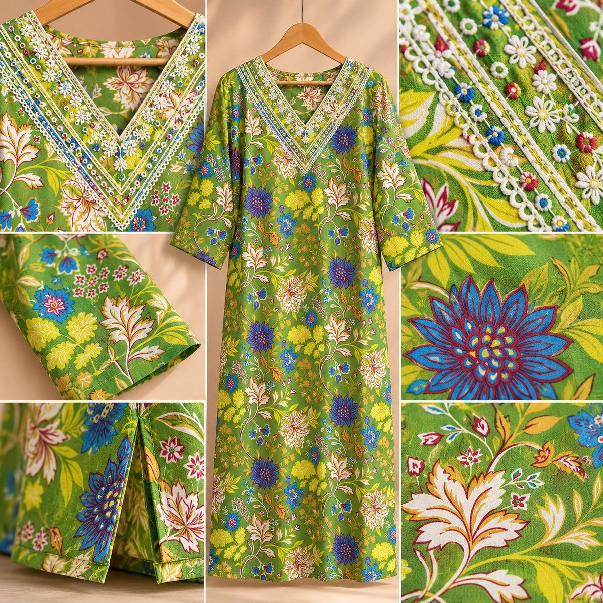 Hariyali Lime Green Floral Print Kurta Set by Theaoura