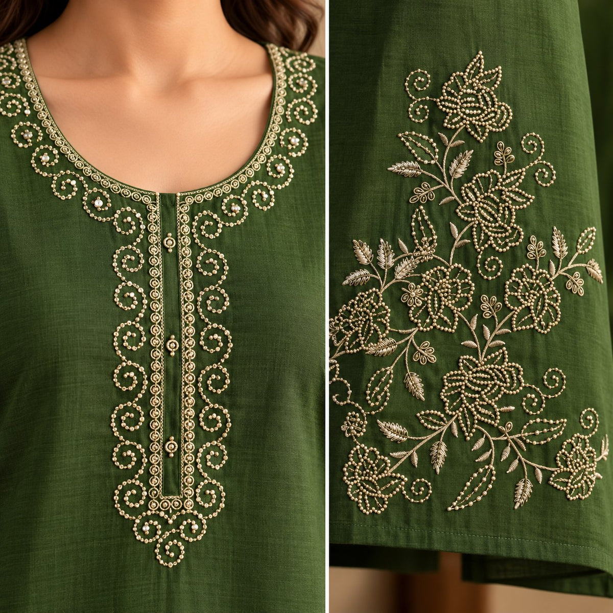 Sabz Olive Green Floral Embroidered Suit Set by Theaoura