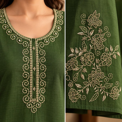 Sabz Olive Green Floral Embroidered Suit Set by Theaoura