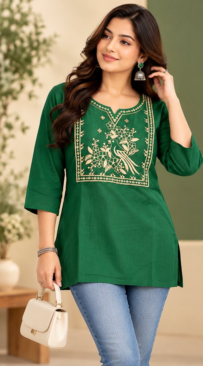 Van Bottle Green Peacock Embroidered Short Kurti by Theaoura