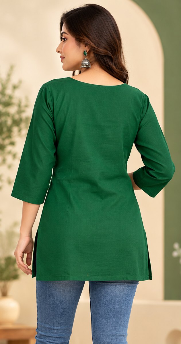 Van Bottle Green Peacock Embroidered Short Kurti by Theaoura