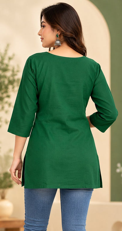 Van Bottle Green Peacock Embroidered Short Kurti by Theaoura