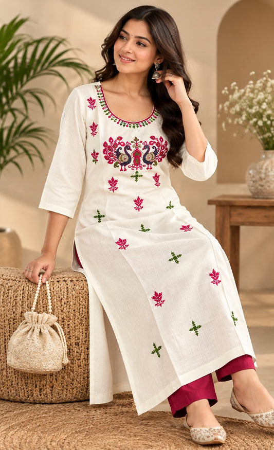 Prema White Peacock Embroidered Kurta by Theaoura