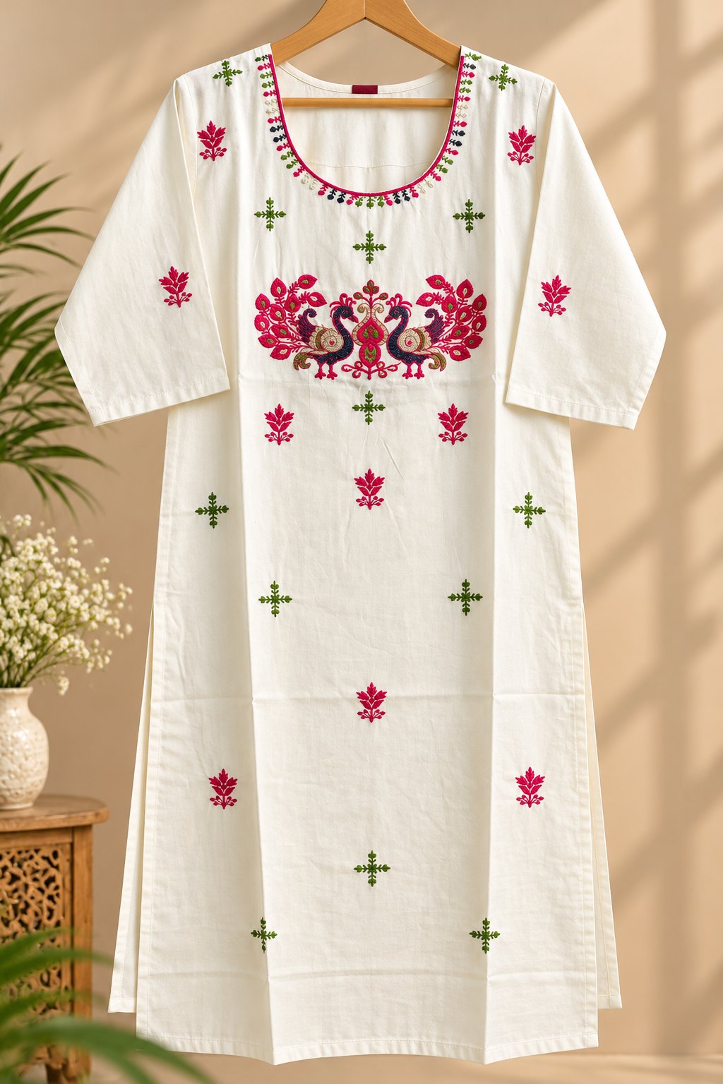 Prema White Peacock Embroidered Kurta by Theaoura