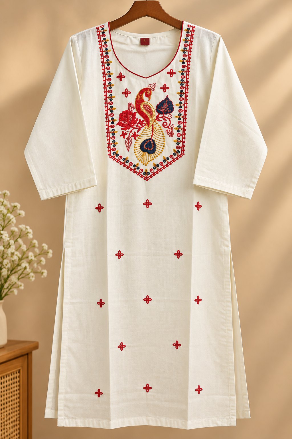 Shubhra White Peacock Embroidered Kurta by Theaoura