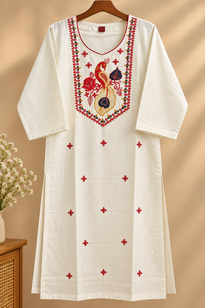 Shubhra White Peacock Embroidered Kurta by Theaoura