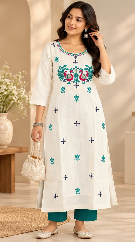 Moti White Peacock Embroidered Kurta by Theaoura