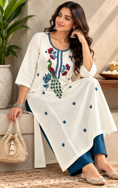Mayuri White Peacock Embroidered Kurta by Theaoura
