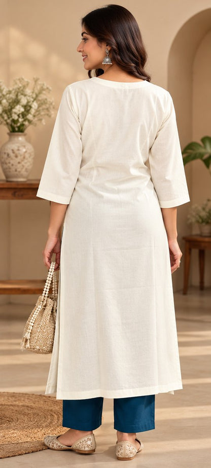 Mayuri White Peacock Embroidered Kurta by Theaoura