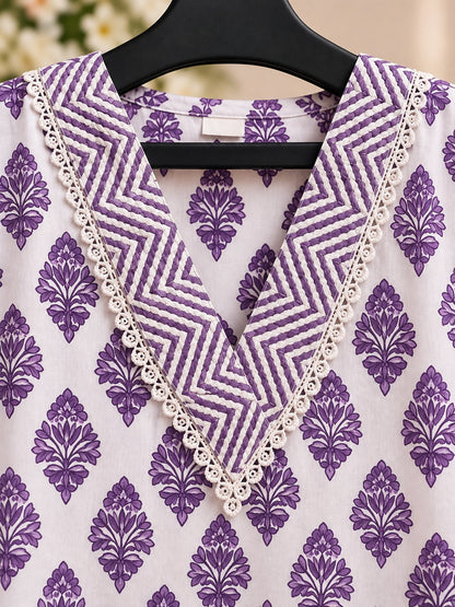 Ira White & Purple Printed Kurta Set by Theaoura