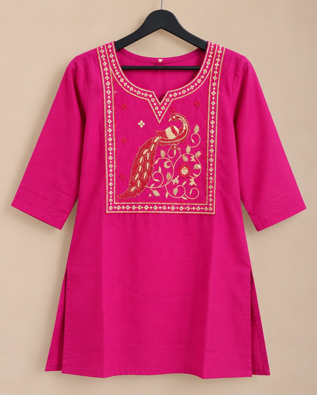 Mayura Fuchsia Pink Peacock Embroidered Short Kurti by Theaoura