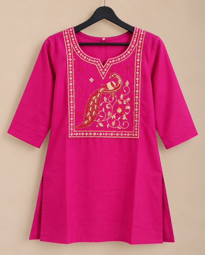 Mayura Fuchsia Pink Peacock Embroidered Short Kurti by Theaoura