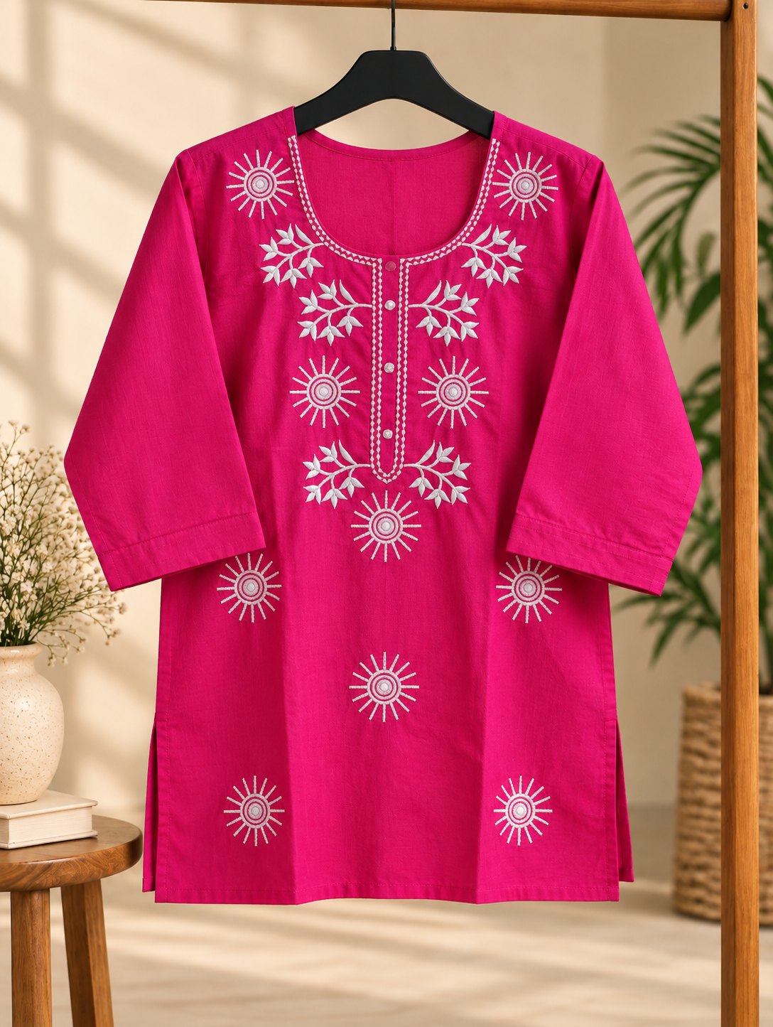 Rani Fuchsia Pink Embroidered Short Kurti by Theaoura