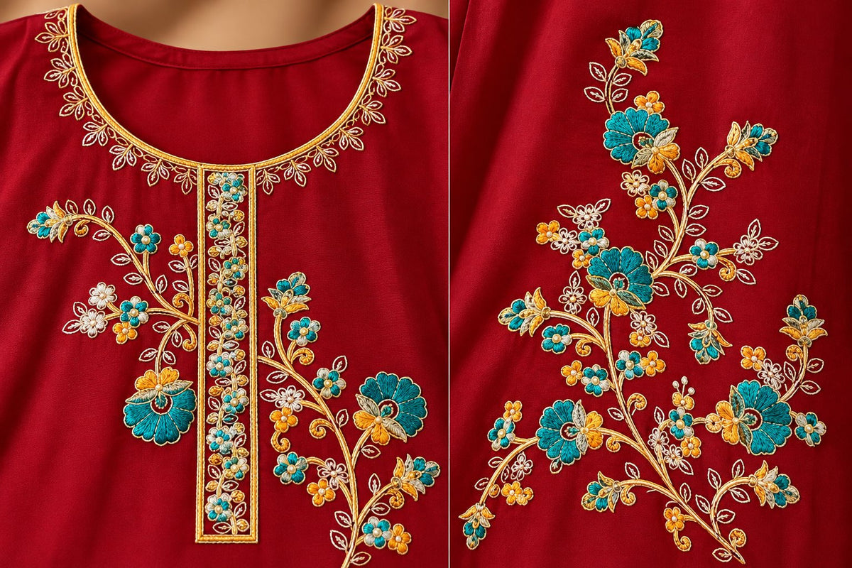 Laal Bagh Deep Red Floral Embroidered Suit Set by Theaoura