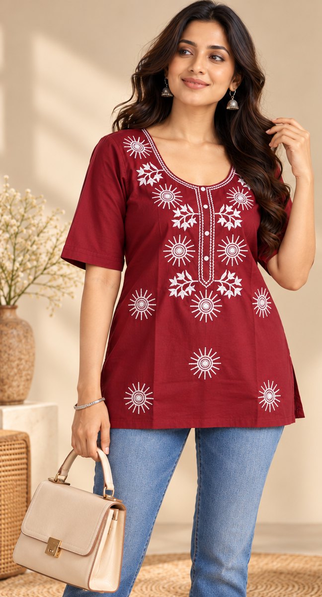 Kesar Maroon Embroidered Short Kurti by Theaoura