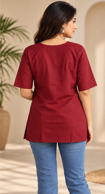 Kesar Maroon Embroidered Short Kurti by Theaoura
