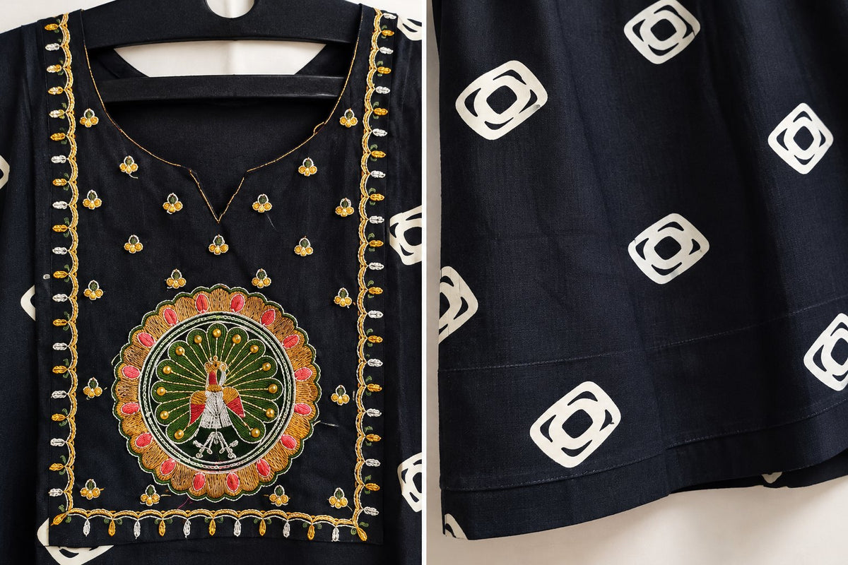 Raat Black Peacock Embroidered Kurta by Theaoura