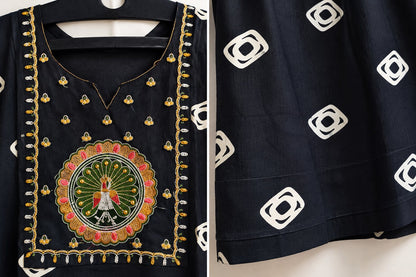 Raat Black Peacock Embroidered Kurta by Theaoura