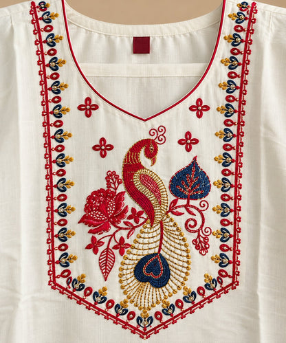Shubhra White Peacock Embroidered Kurta by Theaoura