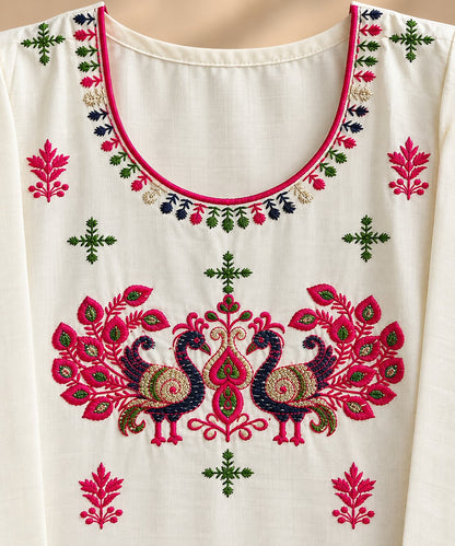 Prema White Peacock Embroidered Kurta by Theaoura