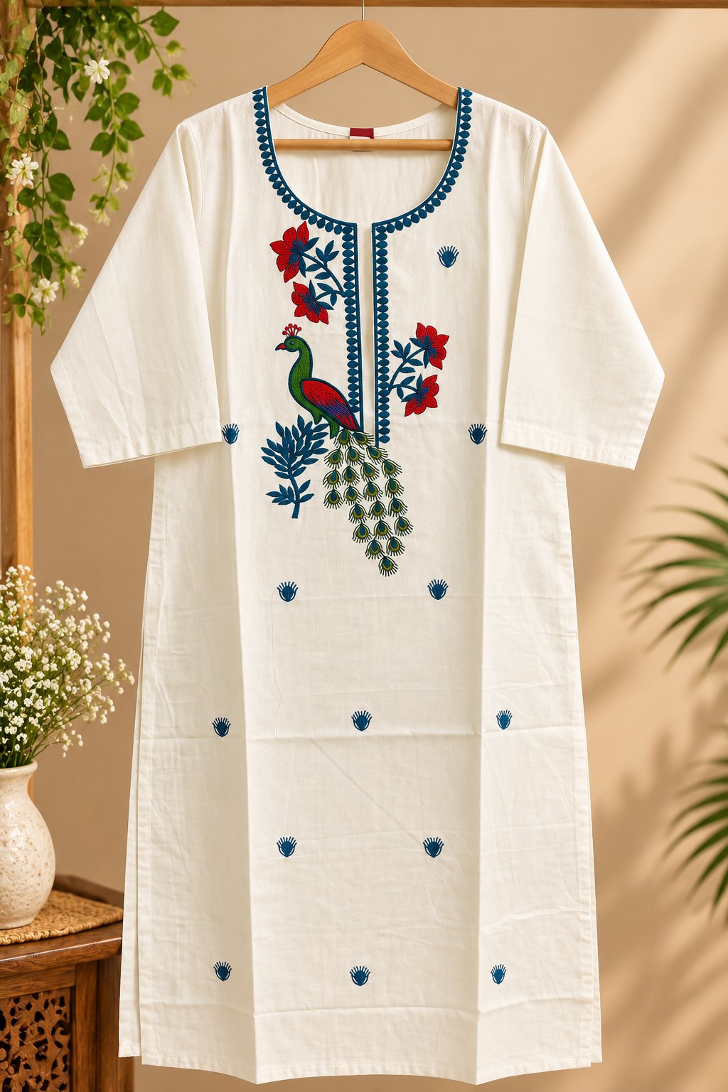 Mayuri White Peacock Embroidered Kurta by Theaoura