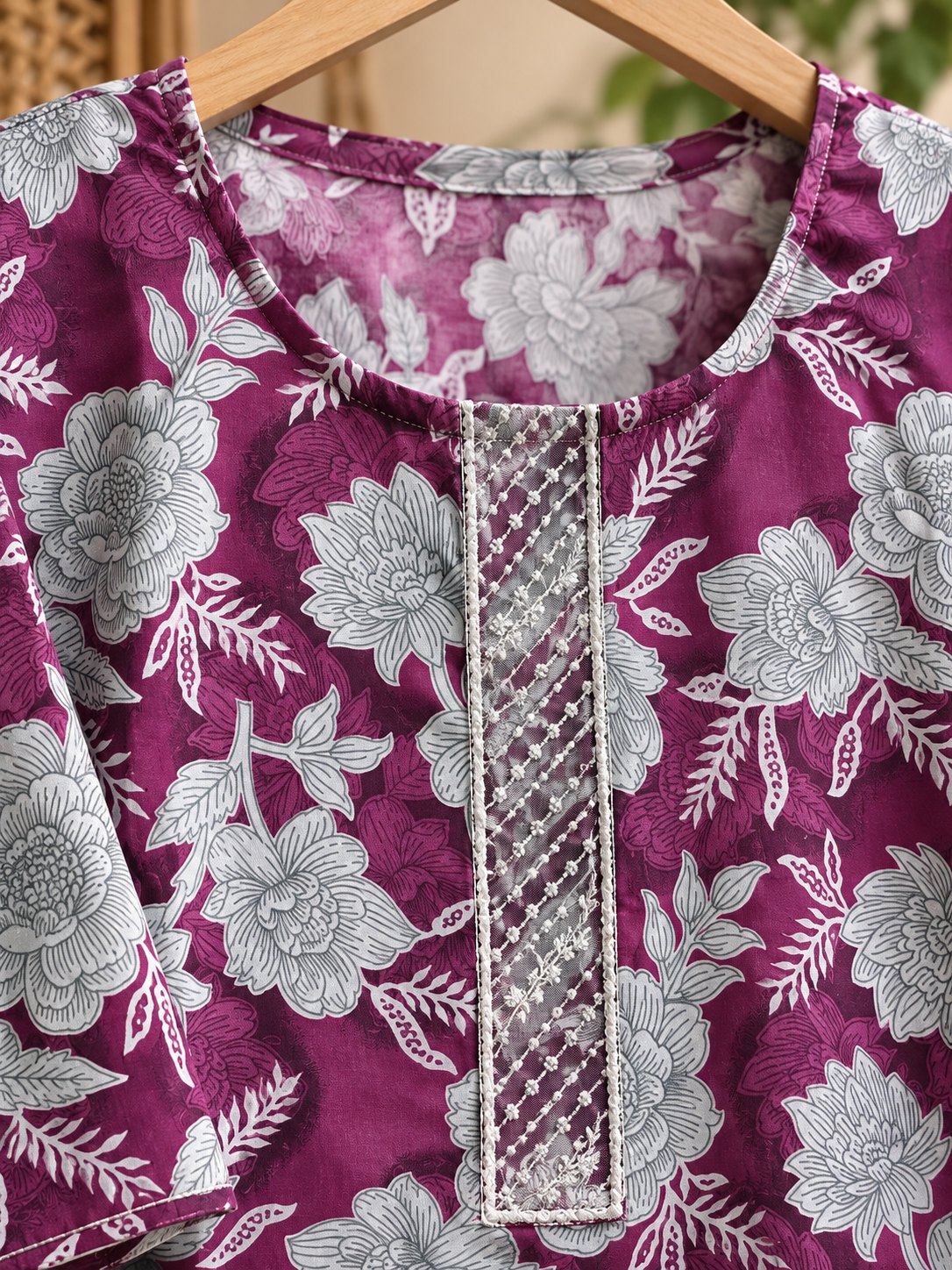 Gulbahar Plum Floral Print Embroidered Kurta Set by Theaoura