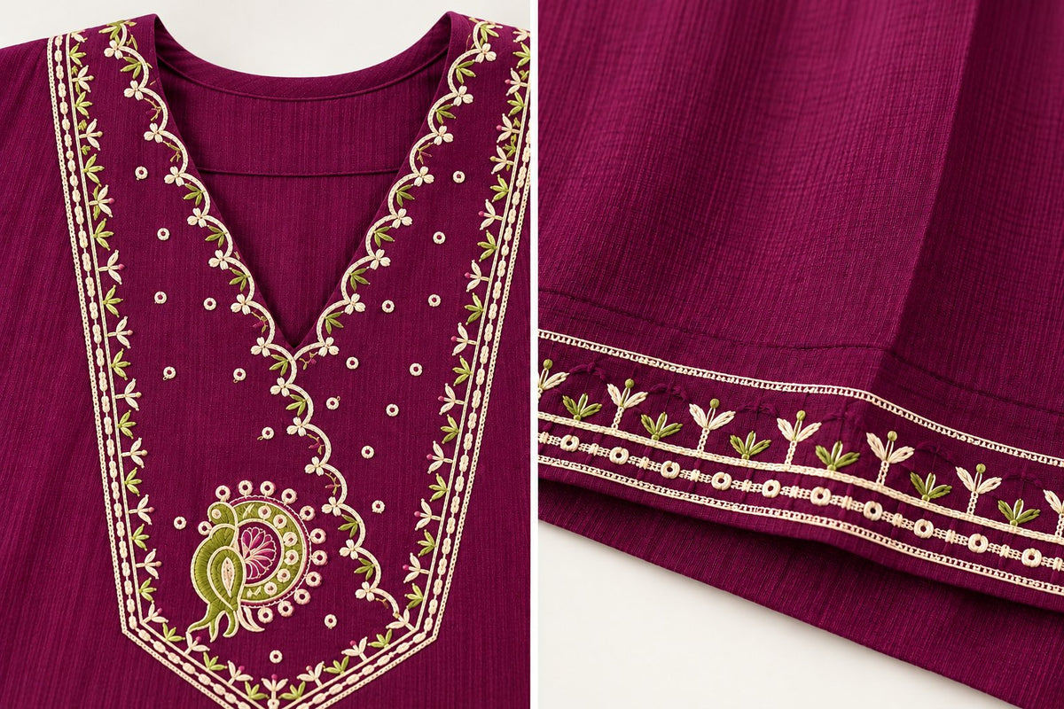 Jamun Plum Embroidered Kurta Set by Theaoura