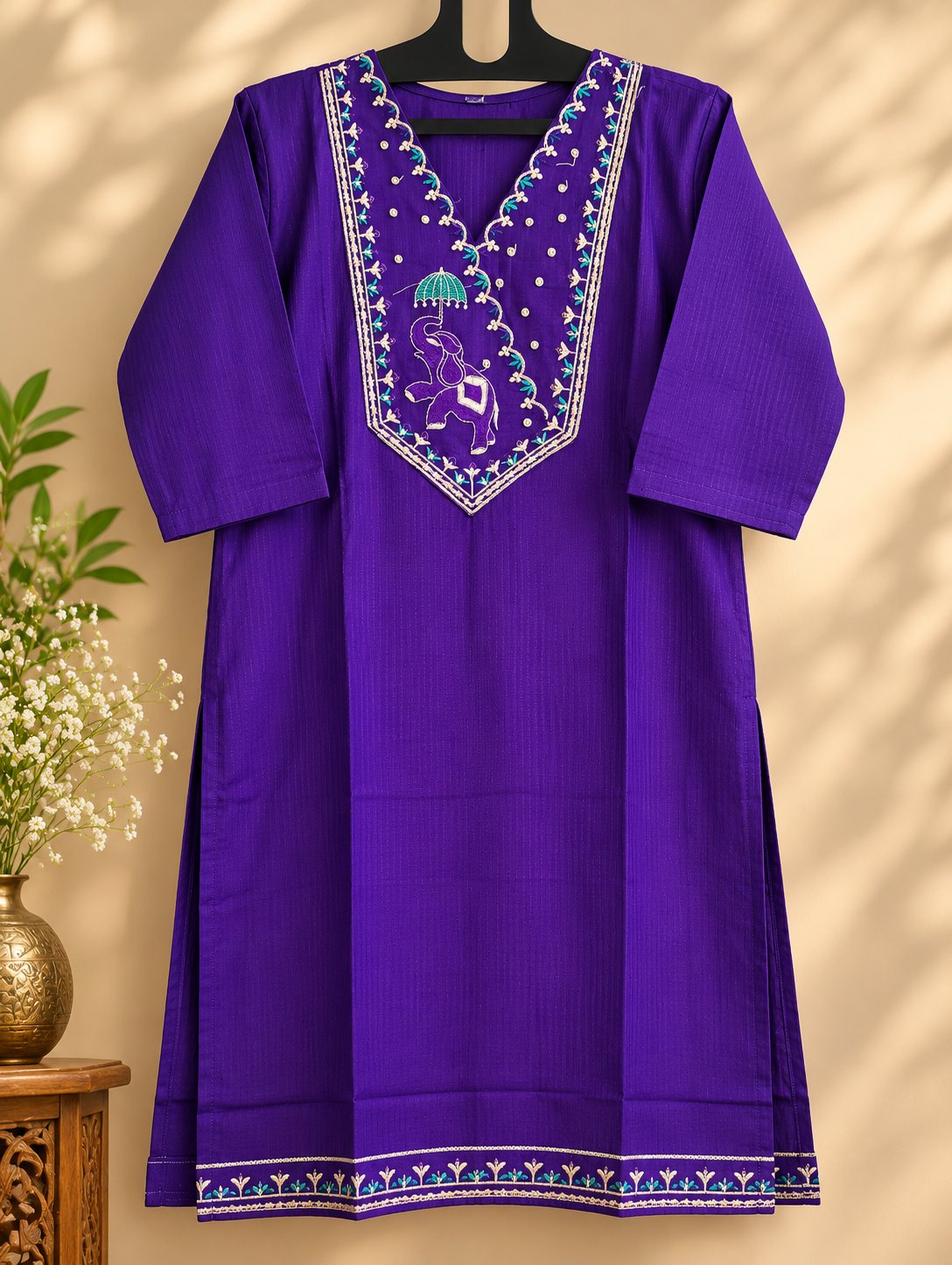Shahi Royal Purple Elephant Embroidered Kurta by Theaoura