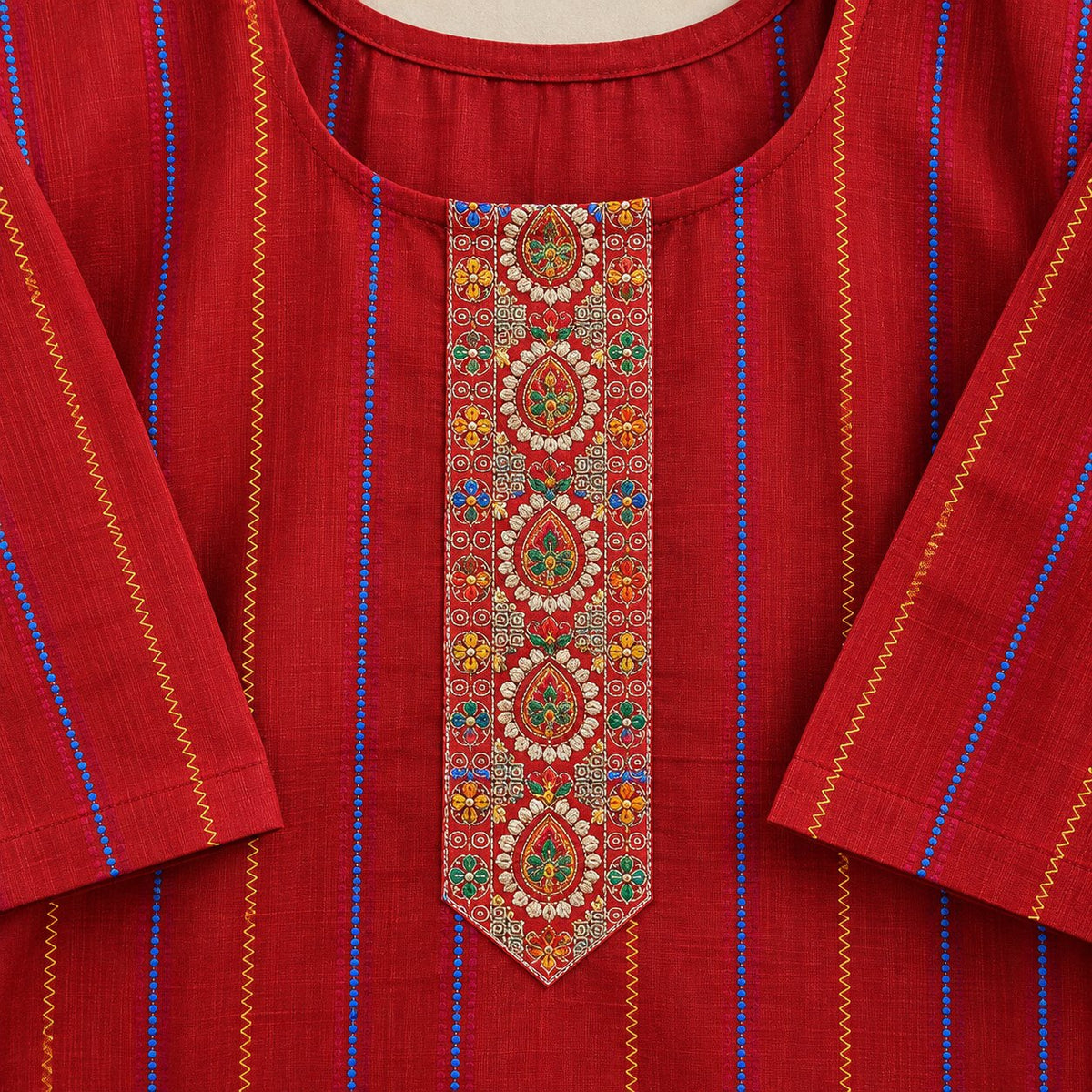 Sindoori Red Striped Embroidered Kurta by Theaoura