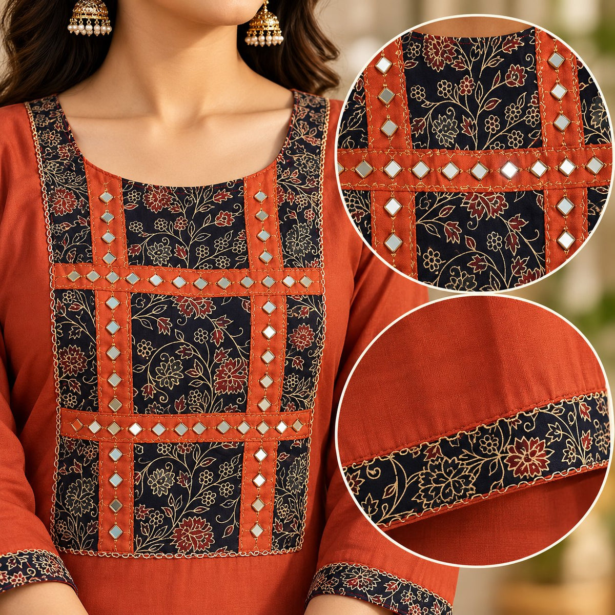 Kaavya Rust Mirror Work Suit Set by Theaoura