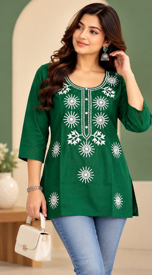 Tulsi Bottle Green Embroidered Short Kurti by Theaoura
