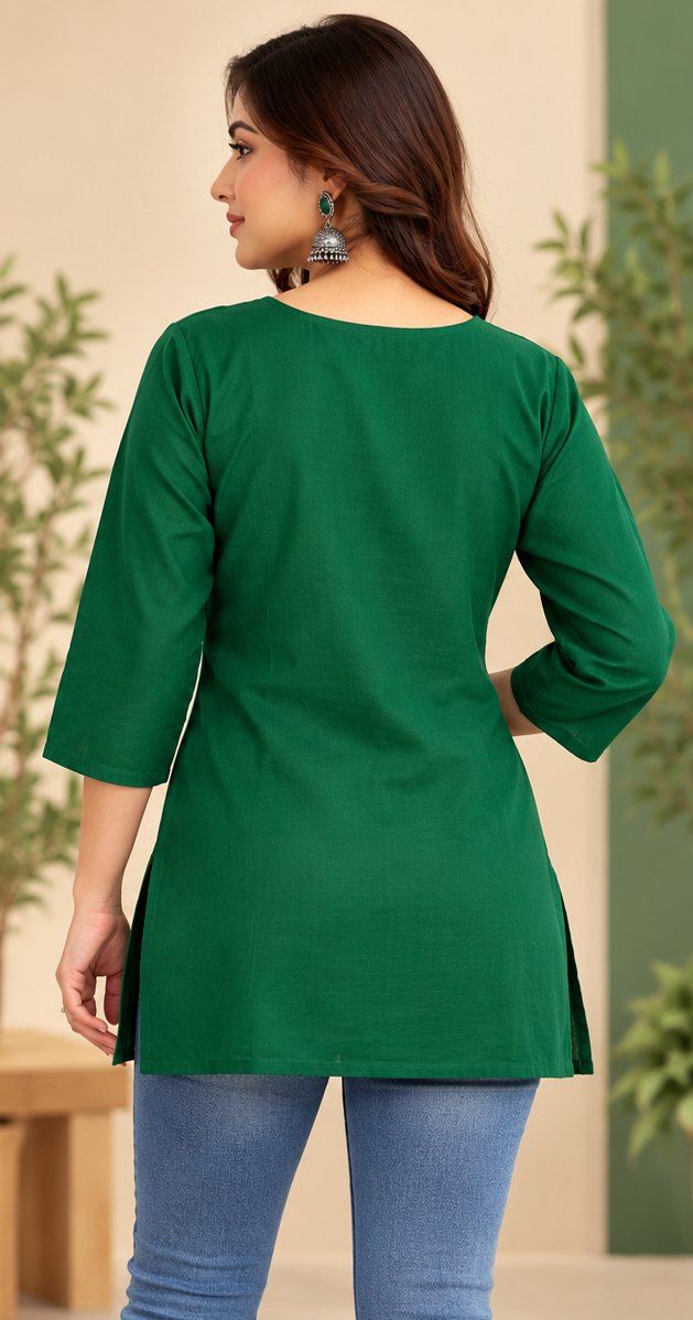 Tulsi Bottle Green Embroidered Short Kurti by Theaoura