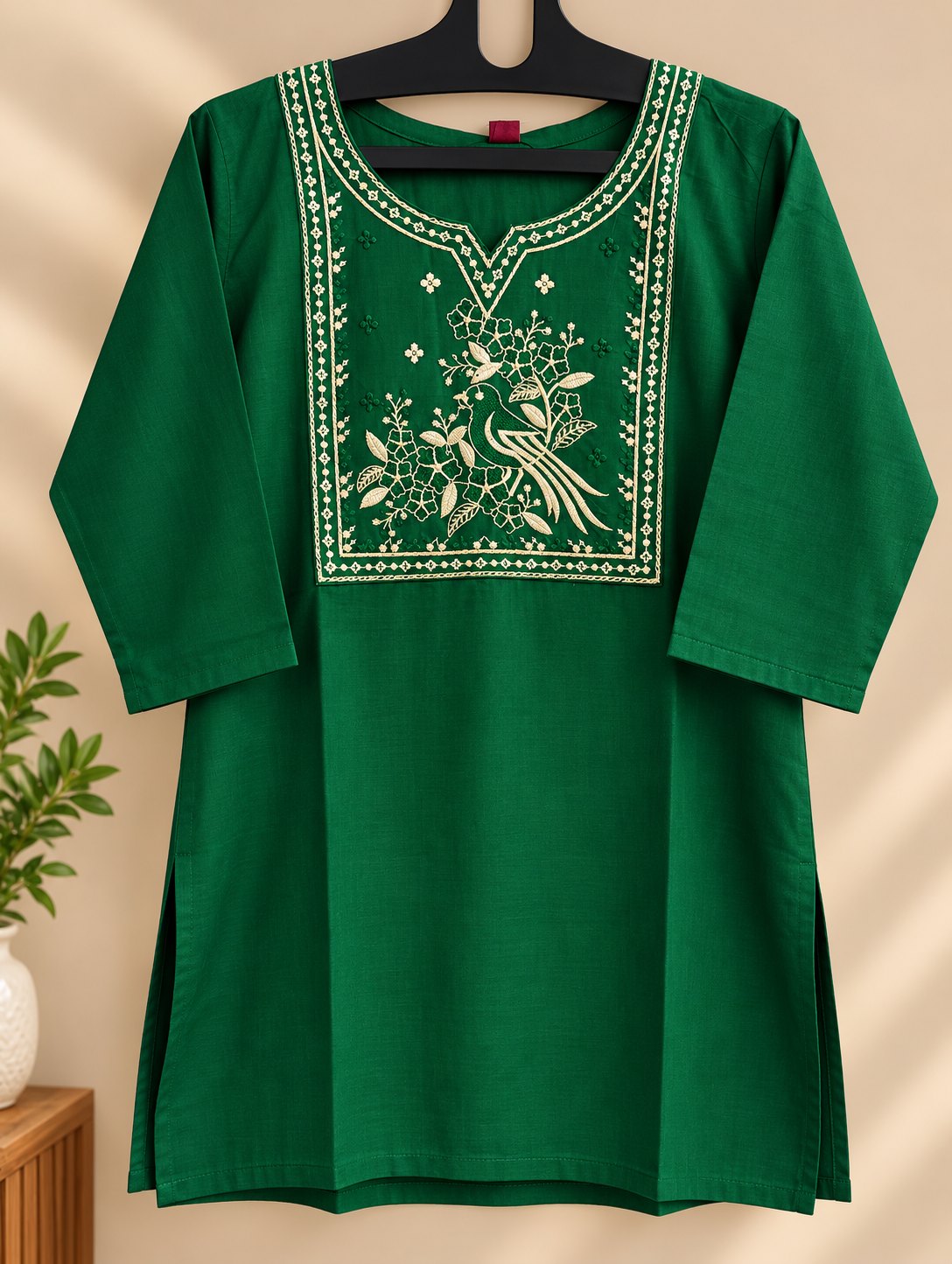 Van Bottle Green Peacock Embroidered Short Kurti by Theaoura