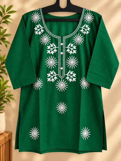 Tulsi Bottle Green Embroidered Short Kurti by Theaoura