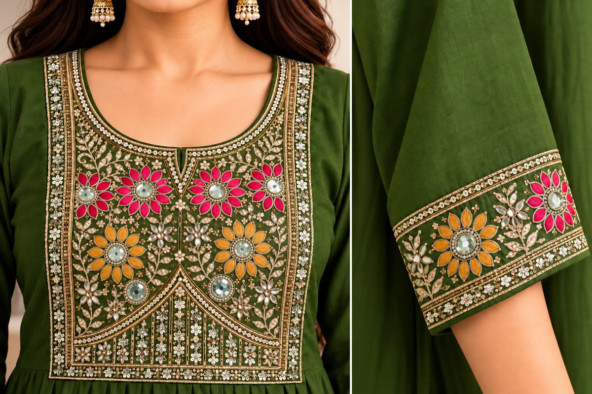 Heer Olive Green Mirror Work Suit Set by Theaoura