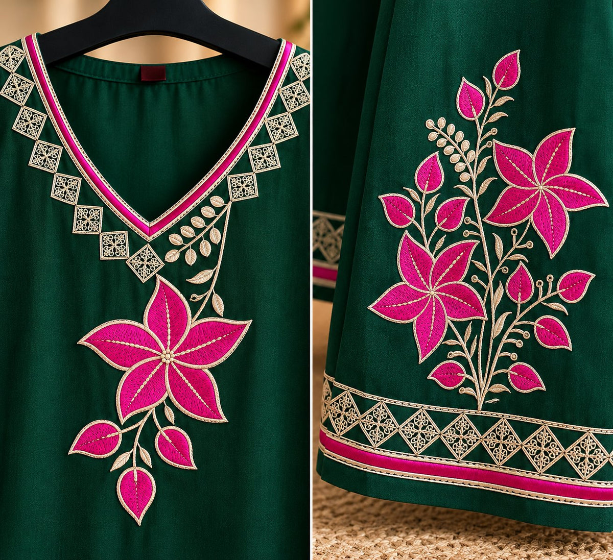 Panna Bottle Green Floral Embroidered Suit Set by Theaoura