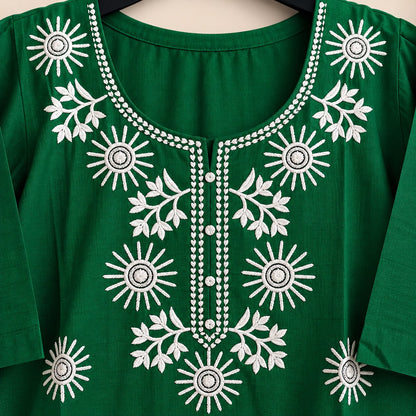 Tulsi Bottle Green Embroidered Short Kurti by Theaoura