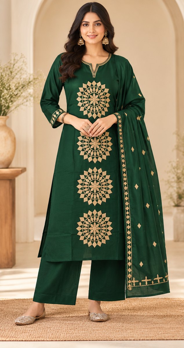 Mandala Bottle Green Embroidered Suit Set by Theaoura