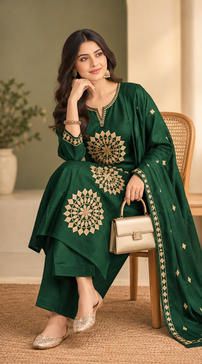 Mandala Bottle Green Embroidered Suit Set by Theaoura