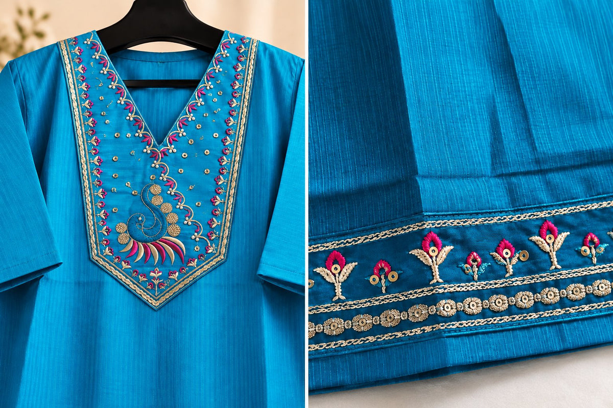 Neela Turquoise Peacock Embroidered Kurta by Theaoura