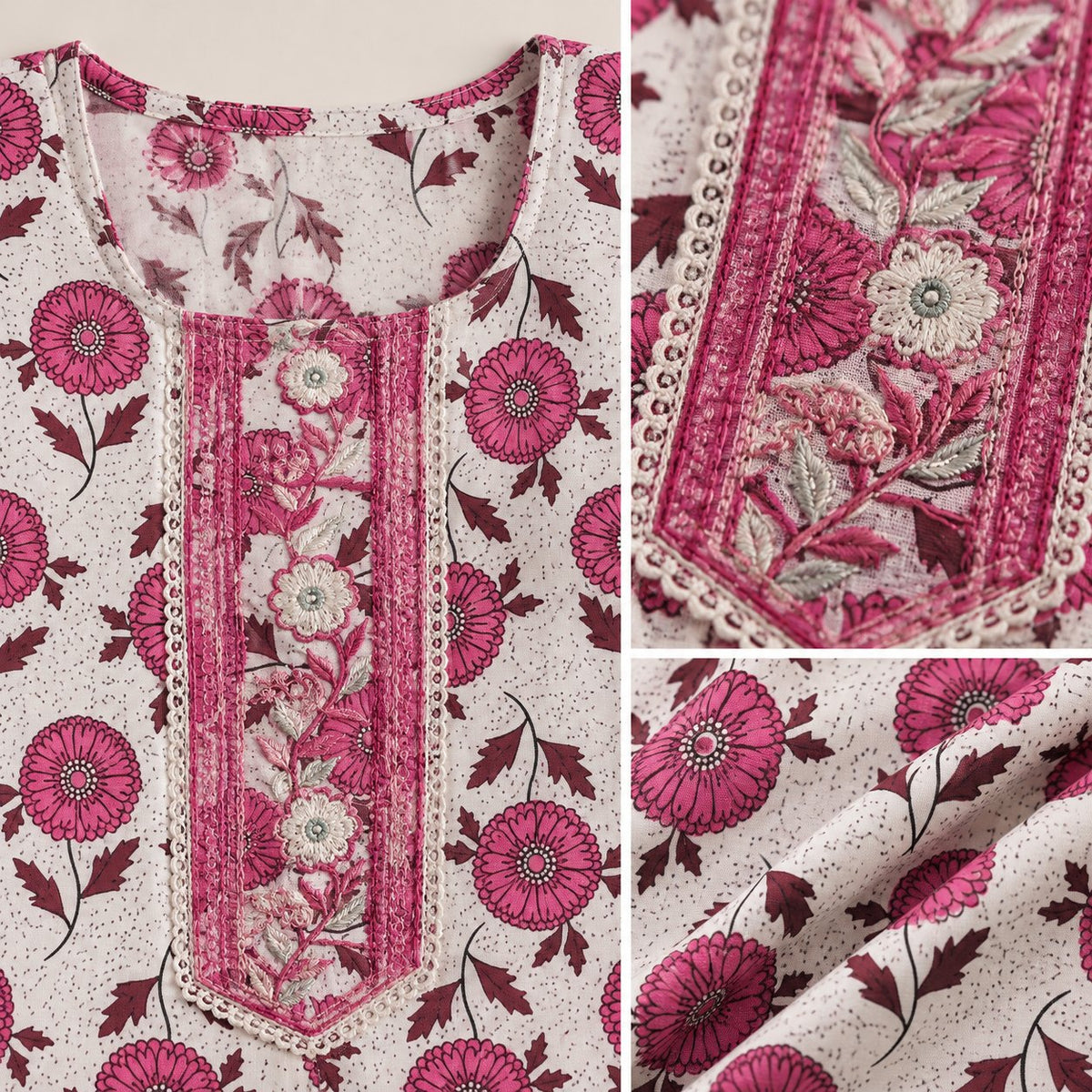 Phoolwari Ivory & Rani Pink Floral Print Embroidered Kurta Set by Theaoura
