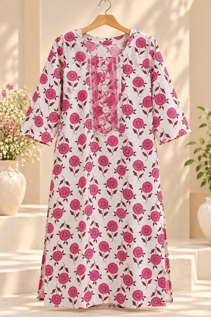 Phoolwari Ivory & Rani Pink Floral Print Embroidered Kurta Set by Theaoura