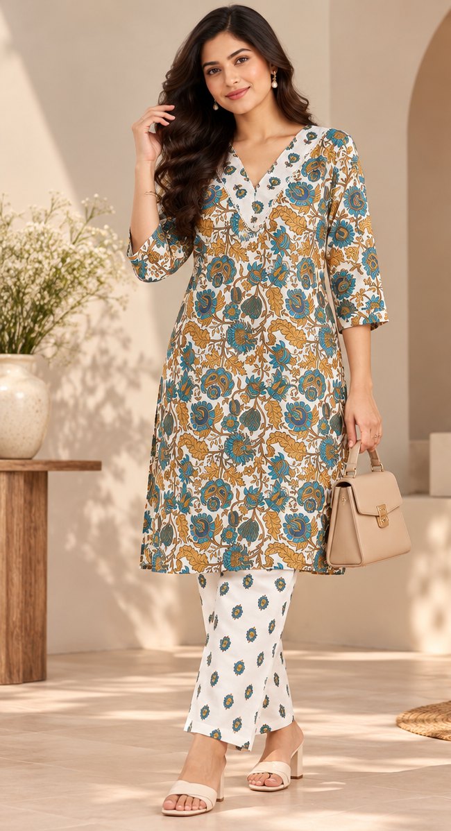 Tara Ivory & Teal Floral Print Kurta Set by Theaoura