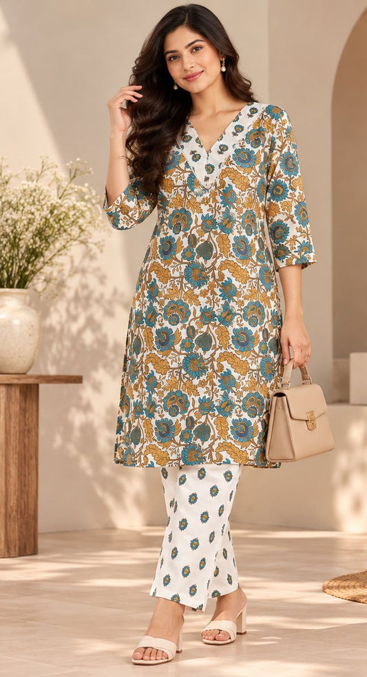 Tara Ivory & Teal Floral Print Kurta Set by Theaoura